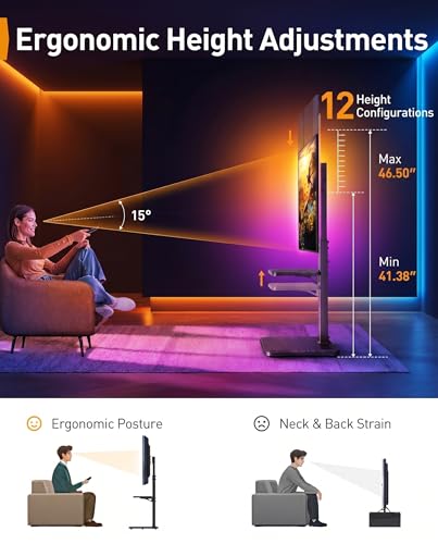 Image of Perlegear Floor TV Stand with LED Lights for 34-75 inch TVs up to 110 lbs, Max VESA 600x400mm, Swivel, Tilt, 12 Height Levels, TV Backlights with Music Sync, Solid Wood Base, PGFS21B