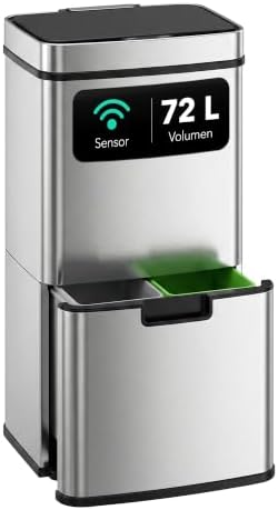 ledscom.de SORTA Sensor Mülleimer 72L, 3-Fächer Mülltrennsystem | Edelstahl, 3 Kammern: 47 L + 2×12,5 L, berührungslos, 5 Sek.-Auto-Close, herausnehmbare Inneneimer, 42 × 31,5 × 82