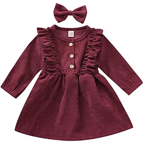 Toddler Baby Girl Casual Dress Long Sleeve Corduroy Ruffle Fall Winter Tunic Dresses + Bow Hair Clip 2PCS Clothes Set Wine Red 6-12 Months Cover