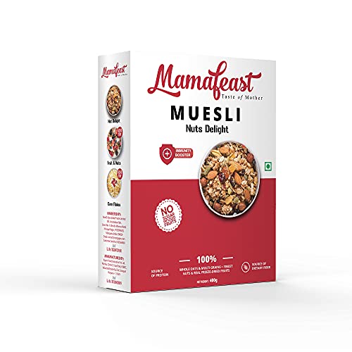 Mamafeast Muesli Nuts Delight And Fruit & Nuts Pack Of 400G Each Breakfast Cereal Whole Oats Grain With Finest Nuts Raisins Freeze Dried Fruits Cholesterol-Free High In Iron And Fibre No Added Sugar Cereal 800 Gm