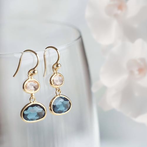 Simulated Navy Blue Sapphire & Champagne Topaz Crystal Earrings - 14k Gold-Plated, Hypoallergenic Dangle Drops, Lightweight & Comfortable for All-Day Wear, Ideal Gift4