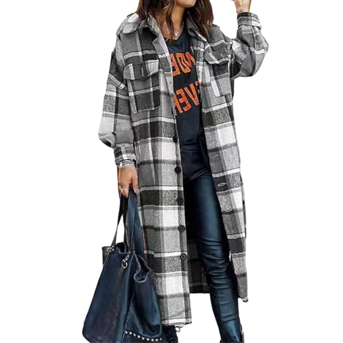 Women's Fall Flannel Plaid Long Shacket Oversized Button Down Jacket