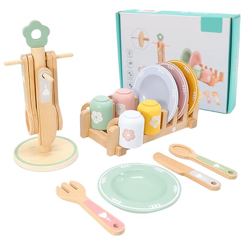 Teeservice Kinder Holz, Kinderküche Geschirr mit Tassen Teller, Spielküche Zubehör Puppengeschirr Holz Kinderküche Spielzeug Rollenspiel Geschenk für Jungen und Mädchen