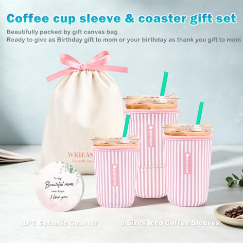 Image of WKIEASON Gifts for Mom Reusable Iced Coffee Sleeve & Ceramic Coaster Set