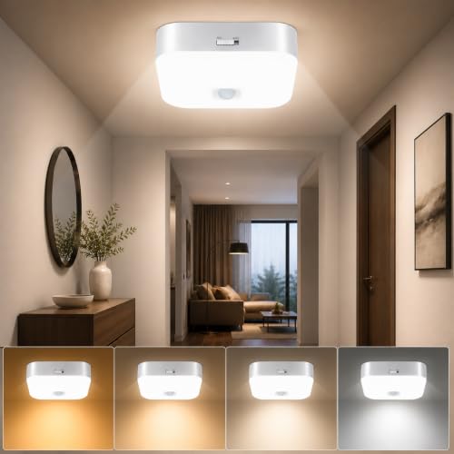 Image of Yunaking Rechargeable Ceiling Light with Motion Sensor: Battery Operated LED Closet Light with Remote & Timing - Wireless Dimmable Magnetic Mount Shower Lamp for Bathroom /Stairs /Garage /Hallway