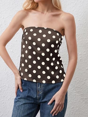 Womens Polka Dots Strapless Satin Tube Tops Casual Cute Off Shoulder Shirts Sleeveless Bandeau Tops Y2k Summer Silk Tank Tops2