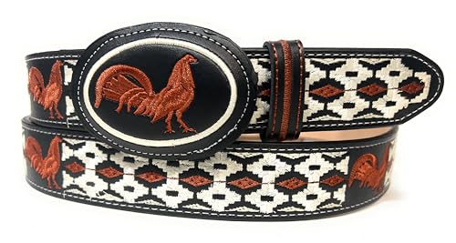Men's Rooster Embroidered Black Western Leather Belt, Cinto Vaquero Bordado Con Gallo