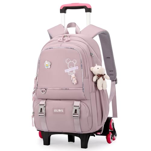Amythe Mochilas Escolares con Ruedas para Niñas, Mochila Ruedas para Niñas de 10 a 18 años, Bolso Escolar con Carro para Adolescentes Chicas, Trolley Desmontable, Morado