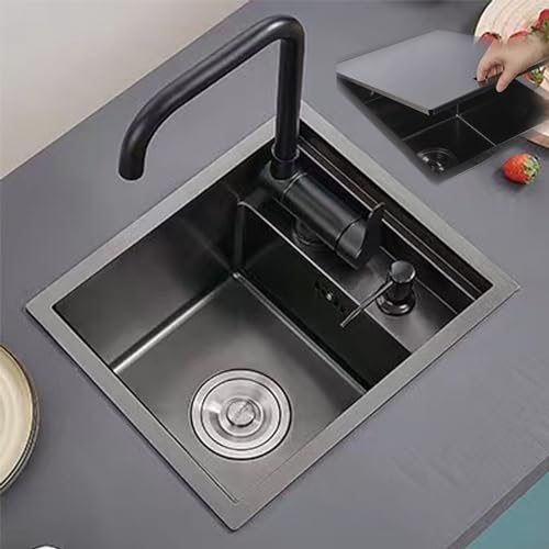 Fregadero negro con grifo y tapa, fregadero de cocina de acero inoxidable para caravana, fregadero de camping, fregadero integrado, lavabo de cocina (tamaño: 35 x 45 cm), duradero y elegante