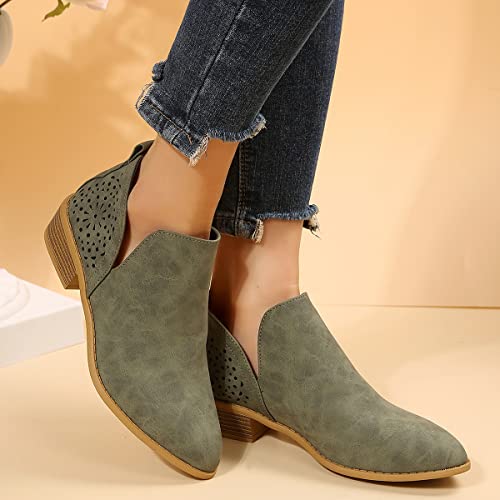 JITUUE Ankle Boots for Women Casual Cut Out Slip On Low Heel Short Chunky Stacked Heel Perforated Side V Cut Western Booties Cutout Shoes(Green,US 10 — view 6