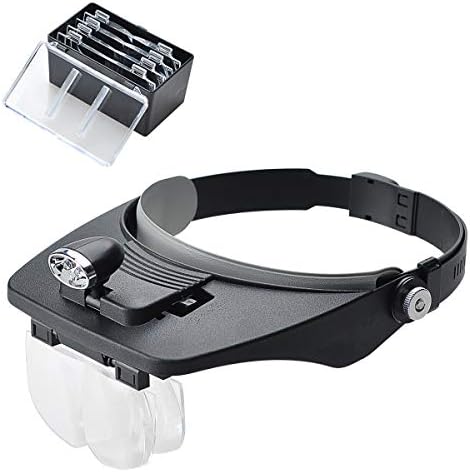 COVVY Headband Magnifier with 2 LED Light,Handsfree Headset Loupe Head Mounted Magnifying Glasses with 4 Detachable Lenses for Reading,Electronic Repair,Jewelry,Sewing,Crafts,Watch