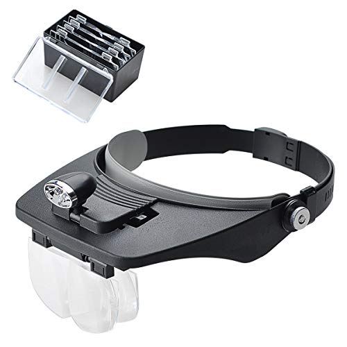 COVVY Lupa de diadema con 2 luces LED, lupa montada en la cabeza de lupa con manos libres con 4 lentes desmontables para leer, reparación electrónica, joyas, costura, manualidades, reloj