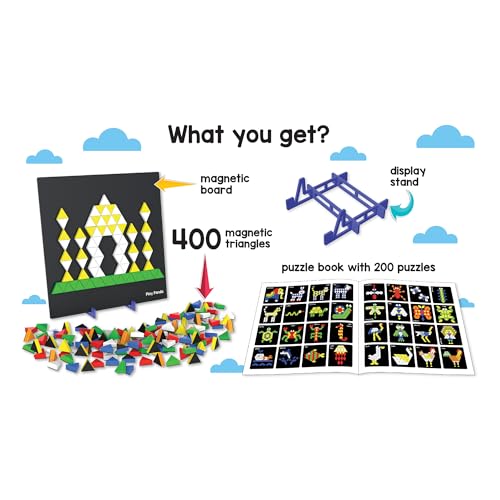 Magnetic Tangram Puzzles Toys for Kids | 400 Magnet Triangles Shapes with 200 Patterns Booklet, Board & Display stand | STEM Educational and learning Games for Ages 4 5 6+ Years|Gifts for Girls & Boys