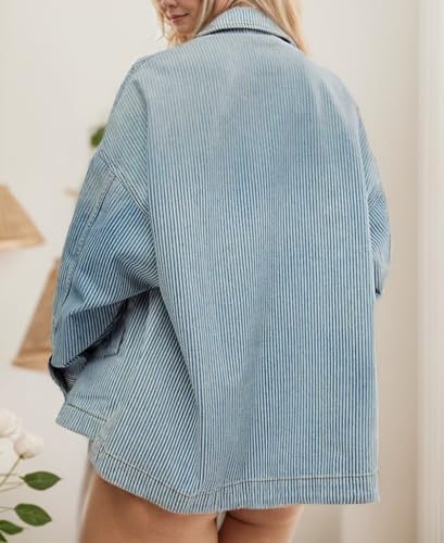 Kedera Women's Striped Denim Jackets Casual Long Sleeve Fall Jean Outfits Boyfriend Denim Coat with Pockets2