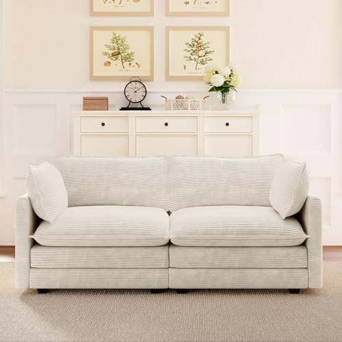 ROWHY 78” Sectional 2 Seat Cloud Loveseat with 2 Throw Pillows, Modern Corduroy Love Seat, Cozy Sofa for Living Room, Office and Bedroom, Beige