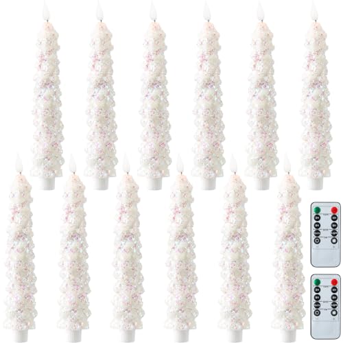 Image of Funtery 12 Pcs Flameless Christmas Tree LED Candles, Colorful, Snowfall | 9.7 Inch LED Taper Christmas Candles Battery Operated,Flameless Flickering, for Xams Holiday Party Room House Home Decor