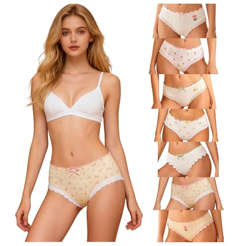 CHERSE Women&rsquo;s Underwear Cotton Panties Lace Ruffled Tulip Print Floral Flower Bow Knot Cute Kawaii Japanese Underwear 7 Pack (Medium,White Pink Green)