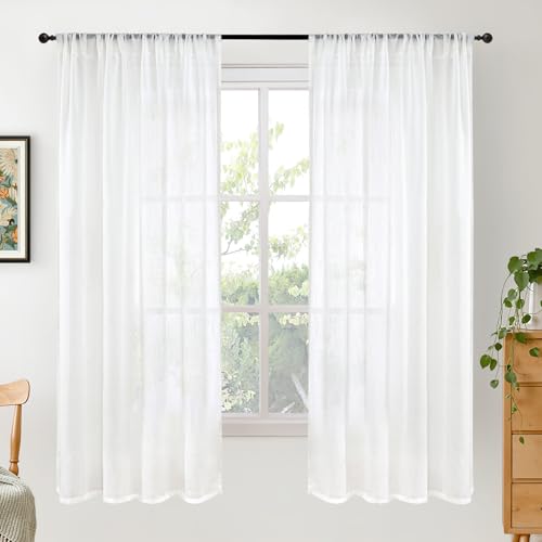 Image of BGment White Semi Sheer Linen Curtains 63 Inch Length for Living Room 2 Panels Set - Rod Pocket Natural Textured Light Filtering Window Drapes for Bedroom Lightweight Rustic, 42 X 63 Inch