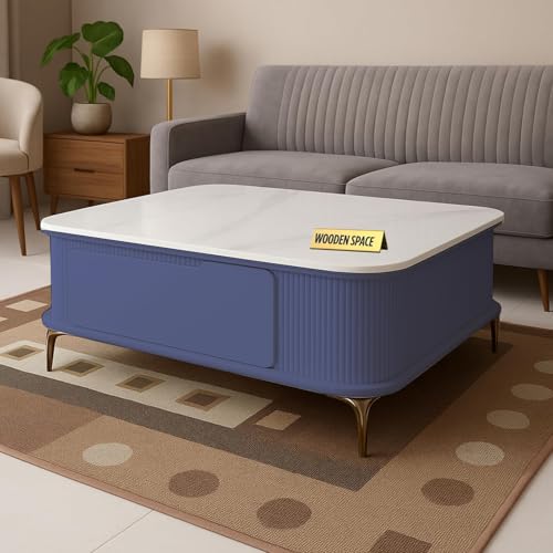 Image of WOODEN SPACE Premium Solo Marble-Top Wooden Center Table for Living Room | Iron Legs | PVD Coating | Modern Entryway Furniture | Coffee Table (Light Blue, 42x42x18 Inch)