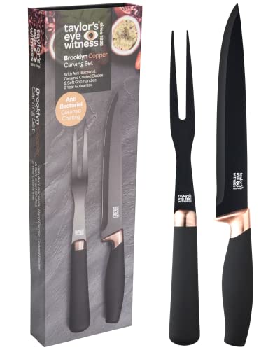 Carving Knife & Meat Fork Set - 20cm/8 Inch Classic Black Plated Blade. Strong Stylish Two Prong Fork for Professional Chefs & Home Cooks. Copper Bolster. Soft Grip Handle. Taylors Eye Witness