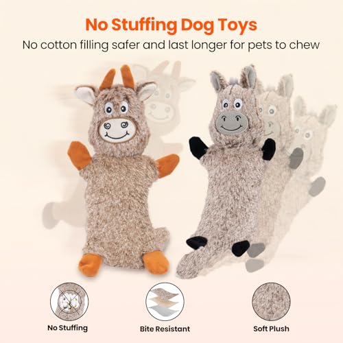 HGB 2 Pack No Stuffing Dog Squeaky Toys, Crinkle Plush Cow & Donkey Chew Toys, Soft Long Lasting Teething Toys for Small Medium Large Dogs, Interactive Indoor Chew Tug Toys — view 2