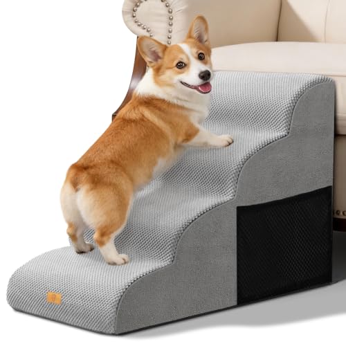 Thihome Hundetreppe 4 Stufen, rutschfeste Haustiertreppe 50cm Hoch, Hochdichter Schaum Hunderampe mit Waschbarem Bezug und Rutschfestem Boden, Hunde Treppe für Sofa & Bett, Grau