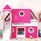 RuiSiSi Twin Size Loft Bed with Slide, Wood House Loft Bed with Ladder, Windows and Tent for Kids Bedroom, No Box Spring Needed, Pink