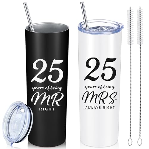 Cunhill Juego de 2 tazas de café de aniversario de boda, con texto en inglés 'Being Mr/Mrs Always Right', regalos de aniversario para pareja, vaso de 20 onzas con tapas para abuelos y padres (25º