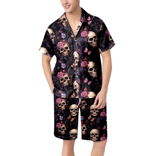 Generisch Conjunto de pijama para hombre, ropa de dormir de gran tamaño, pijama con estampado de calavera, ropa de dormir de verano, juego de dos piezas, manga corta, cuello vuelto, camisa y