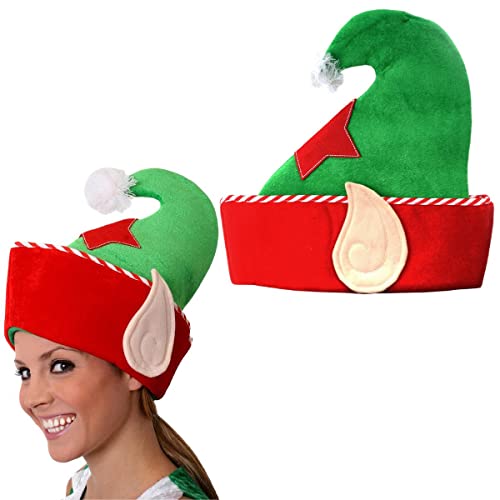 I LOVE FANCY DRESS Christmas Elf Hat with Elf Ears For Adults - Novelty Xmas Hats - Plush Green and Red Hat with Popping Ears - Pack of 1
