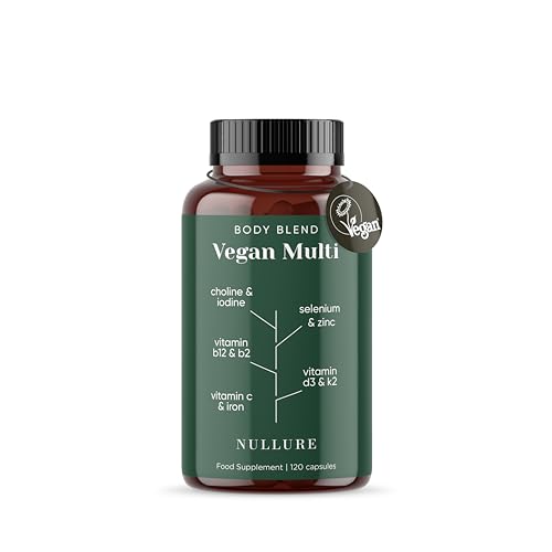Nullure Multivitamines Vegan Complement Alimentaire | Vitamines Minéraux et Compléments pour les régimes végétaliens et vegetarien | Vit B12 + Vit D3 K2 vegan + Fer + Iode + Zinc | 4 mois