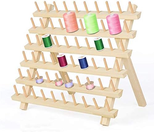 60 Spools Wooden Sewing Thread Rack, Thread Holder Organizer with Hanging Hooks, Collapsible Wall Mount Stand Holder for Sewing, Embroidery, Quilting