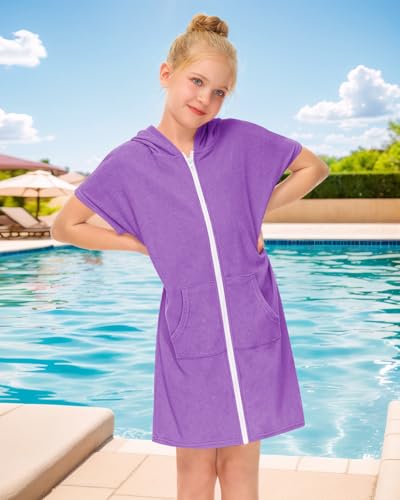Image of BesserBay Unisex Kids Terry Cloth Swim Cover Up Zip Up Hooded Bathrobe with Pockets 3-14 Years