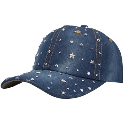 AOSMI Shiny Sky Stars Baseball Cap Bling Rhinestone Denim Baseball Cap Women Studded Sparkle Trendy Fashion Cute Distressed Halloween Costume Hip Hop Jean Ball Hat Blue Cover