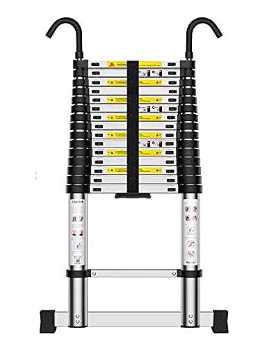 Teenza Échelle télescopique extensible avec crochets et stabilisateur - en aluminium, charge maximale : 150 kg - 4,9 m