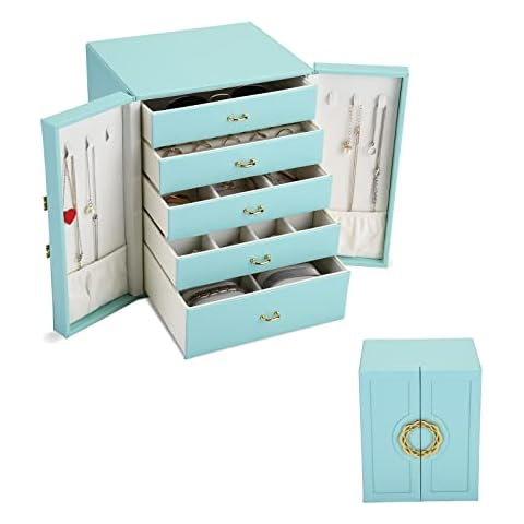 Asvert Jewellery Box with 5 Drawers, Jewellery Box for Necklaces, Earrings, Sunglasses, Bracelets and Watches, For Own Use or as a Gift 18.5 x 20 x 24.3 cm (Green) Cover