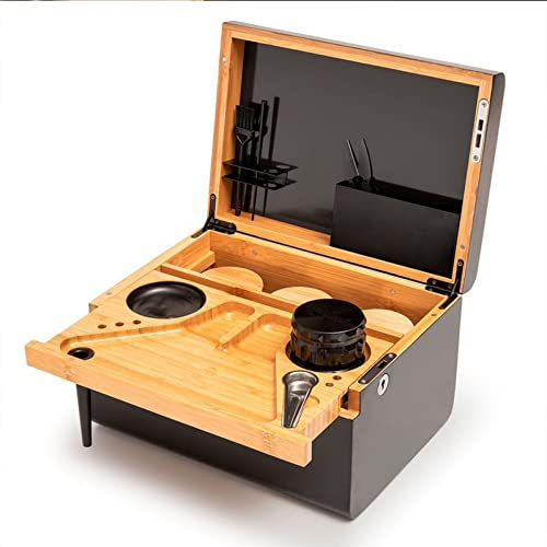 Premium Bamboo Storage Chest with Movable Tray - Luxury Gift Set & Herbal Supply Kit - Removable Dividers - Wood Storage Set With Lock (Black and Wooden)