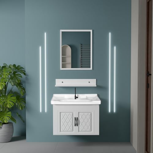 Image of WASSMIST Bathroom Vanity Washbasin Cabinet with Mirror & Shelf | Wall Mounted Wash Basin with Cabinet Full Set | Waterproof & Unbreakable (White)