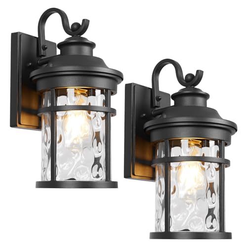 Treekee Outdoor Light Fixture Wall Mount, Modern Exterior Wall Sconce with Water Ripple Glass & E26 Sockets for Front Porch, Farmhouse Rustic Black Wall Lantern Lamp for Patio Garage Home Yard