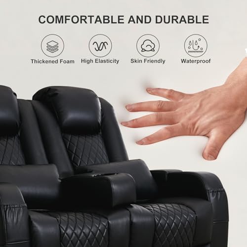 Attliahome 57\" RV Loveseat Recliner, Double Recliner Furniture with 3 Arms and 2 Pillows, Wall Hugger Recliners & 135° Reclining Theater Seating (Black PU Leather RV Couch) - Thumbnail 6