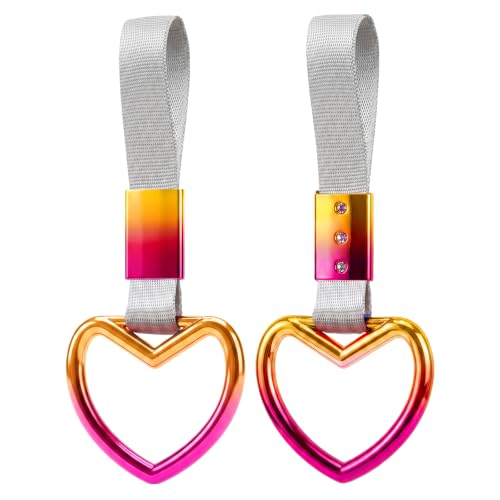 Image of 2PCS Heart Shaped Car Handle Straps, Rear Bumper Warning Keychain Ring for Car Exterior Accessories (Chrome Rainbow Heart - White)