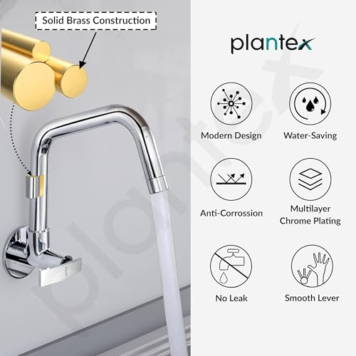 Image of Plantex Sink tap for Kitchen Basin /Pure Brass Kitchen Tap with Brass Wall Flange and Water Saving Nozzle /Tap for Wash Basin /Kitchen Faucet (Chrome, ZUR-1508)