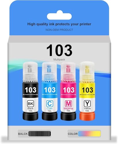 103 Ink EcoTank 4-colour Multipack for EPSON 103 Ink Combo Set Black Cyan Magenta Yellow for EcoTank L1110 L3110 L3111 L3150 L3151 L3156 L3160 Printer Prints Up to 8 000 Pages(4-Pack)