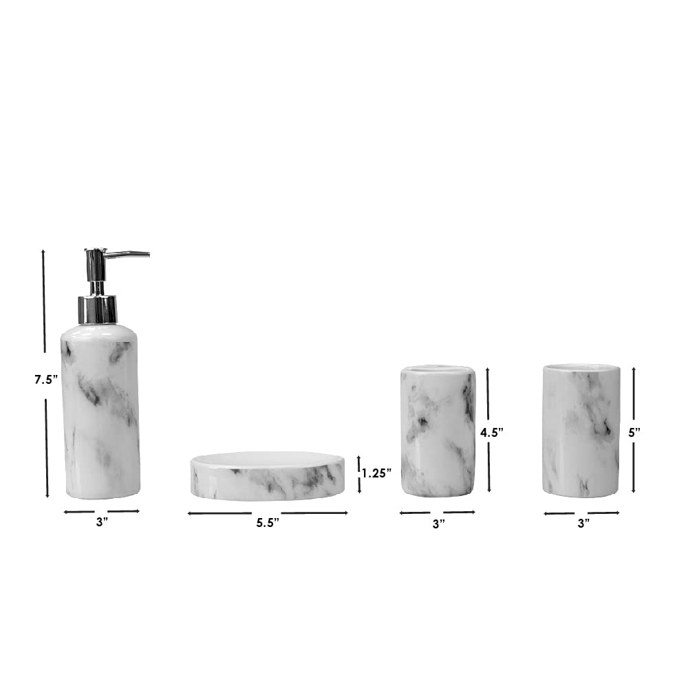 Marble Design Ceramic Bath Accessory Set (White), By Home Basics | Beautiful and Contemporary 8-Piece Set For Bathroom Includes 2 Soap Dishes, 2 Tumblers, 2 Toothbrush Holders, and 2 Lotion Dispensers