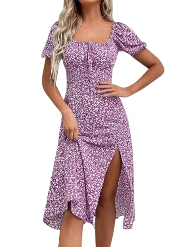 SPRIME Women's Floral Summer Casual Dress Square Neck Puff Sleeve Boho Midi Dresses Ruched Bust High Waist Split Long Dress