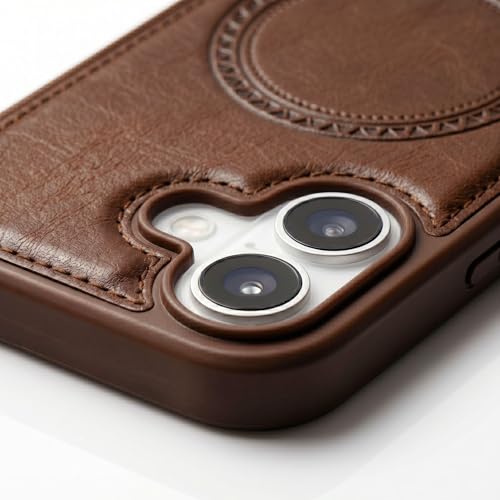 Image of amazon basics Premium PU Leather Case for iPhone 16, MagSafe Compatible Magnetic Ring, Sleek Protective Back Cover - [Brown]