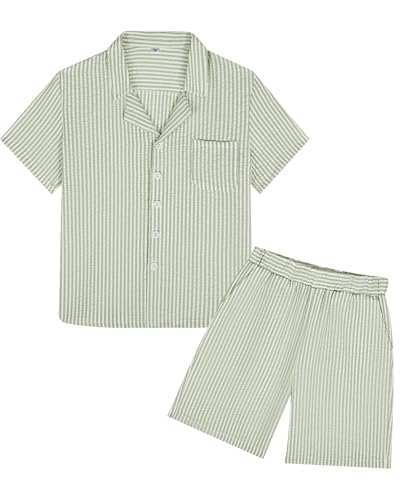 Image of Boys Summer Textured Outfit Beach Short Sleeve Button Down Shirts and Shorts 2 Piece Vacation Clothing Set for Kids