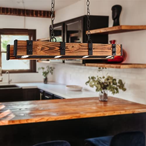 Lustre pour table de billard réglable et suspendu en bois rustique 4 LED
