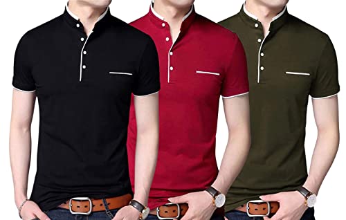 Image of Pixie Fashion Polycotton Mandarin Collar Half Sleeves Men's T-Shirts Combo (Pack of 3)