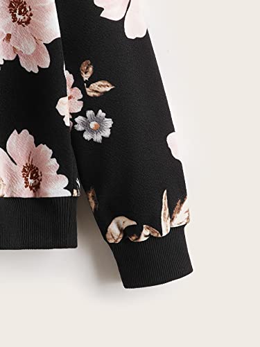 Romwe Girl's Kids Floral Pirnt Long Sleeve Crewneck Casual Sweatshirt Tops Black Floral 8Y #TOP2